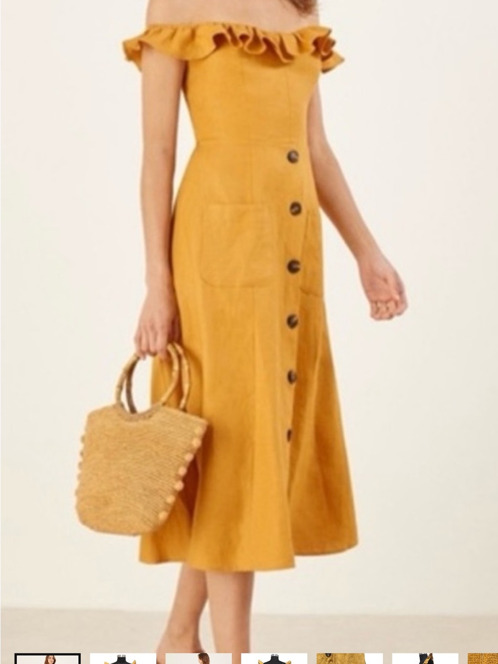Gold Button-Down Ruffle Dress linen by Reformation designer.